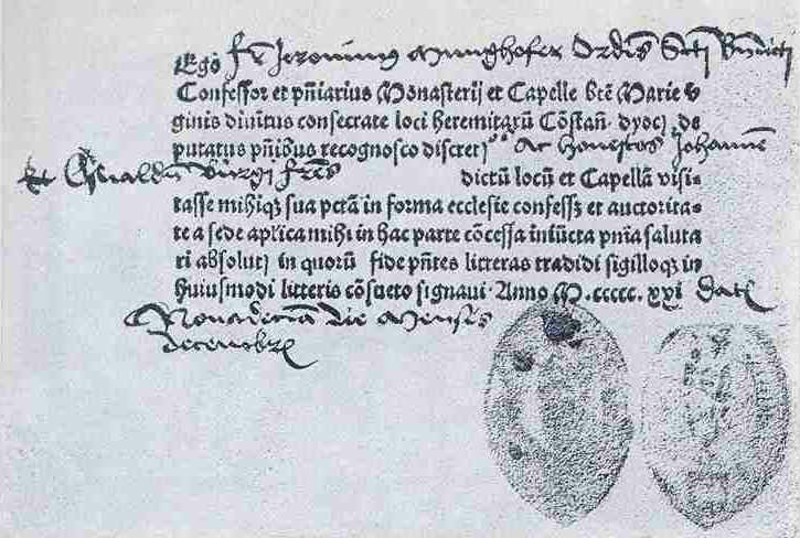 Une indulgence accorde en 1521 dans le diocse de Constance. Les indulgences taient offertes  des fidles moyennant un prix consquent pour leur assurer le passage au Paradis, pratique non-crite dans les textes bibliques d'o les critiques des protestants, http://www.gabrieleweis.de/3-geschichtsbits/histo-surfing/4-neuzeit1/4-2-renaissance/synopsenbilder/ablassbiref.jpg