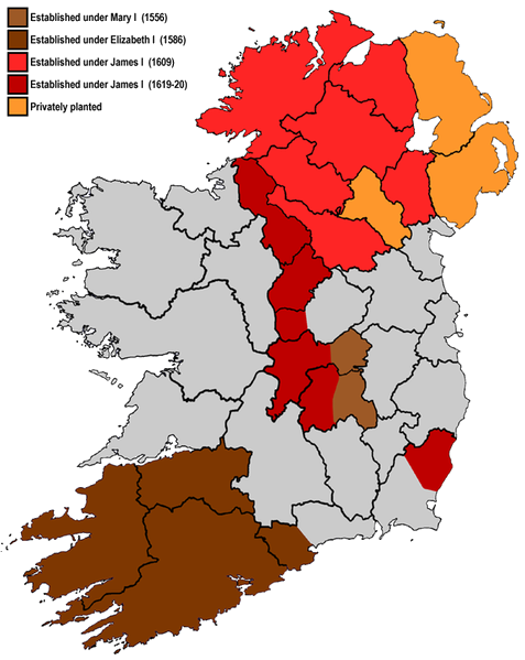 La colonisation de l'Irlande par l'Angleterre, (XVIme-XVIIme sicle), http://fr.wikipedia.org/wiki/Fichier:Plantations_in_Ireland.png