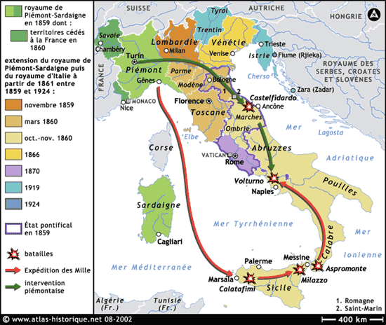 Carte du processus d'unification de l'Italie